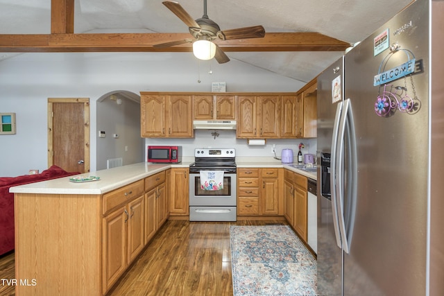 23324 Denton Valley Rd, Abingdon, VA 24211 - kitchen with a peninsula, stainless steel appliances, vaulted ceiling with beams, and under cabinet range hood