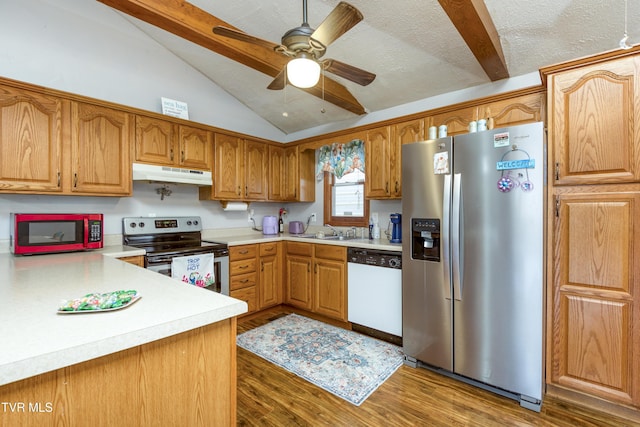 23324 Denton Valley Rd, Abingdon, VA 24211 - kitchen with light countertops, a sink, vaulted ceiling with beams, appliances with stainless steel finishes, and under cabinet range hood