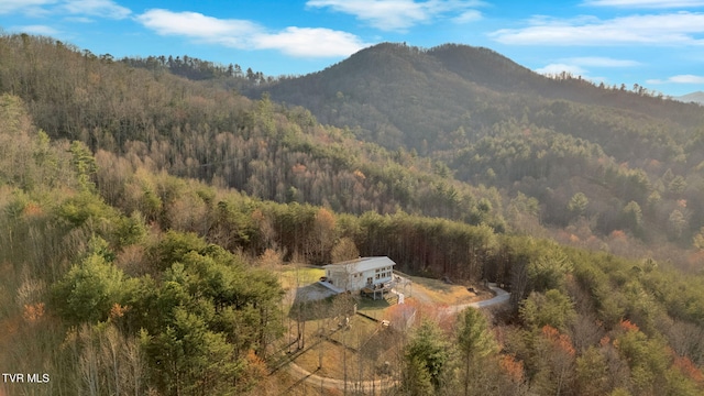 exterior space with a mountain view and a view of trees