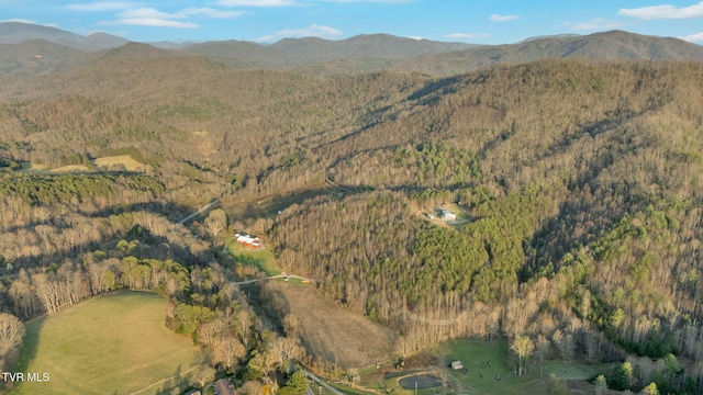 bird's eye view with a wooded view and a mountain view