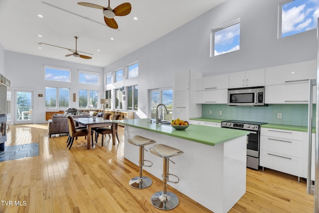 kitchen featuring a sink, modern cabinets, stainless steel appliances, white cabinets, and ceiling fan