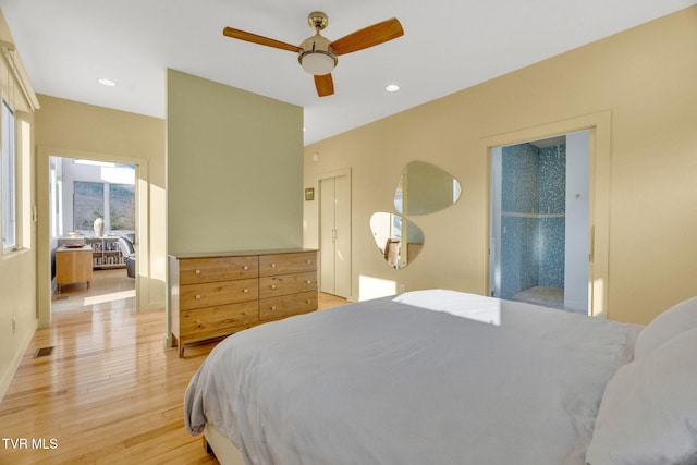 bedroom featuring visible vents, light wood-style floors, ceiling fan, and recessed lighting