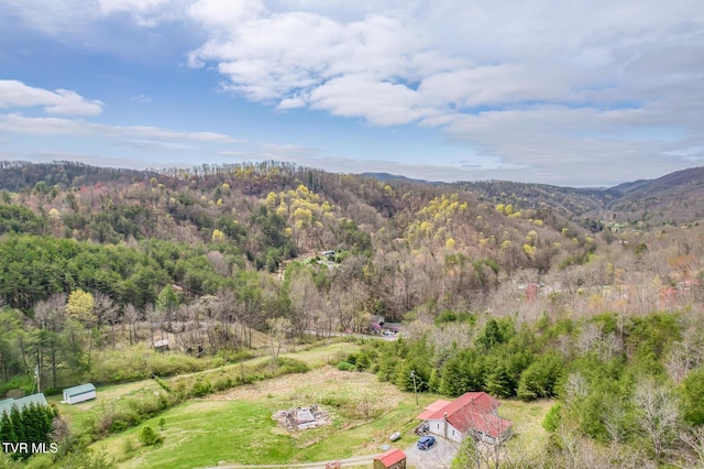 birds eye view of property with a wooded view and a mountain view