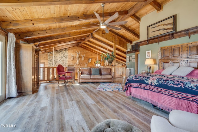 bedroom with vaulted ceiling with beams, wood finished floors, and wooden ceiling