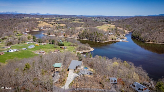 bird's eye view featuring a water and mountain view and a wooded view
