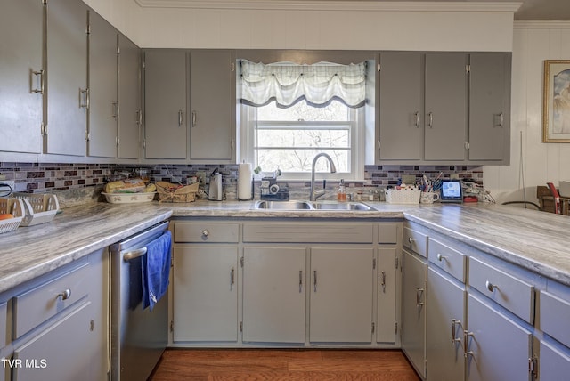 216 Nelson Ave, Piney Flats, TN 37686 - kitchen featuring decorative backsplash, a sink, gray cabinetry, and stainless steel dishwasher
