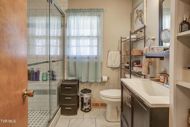 216 Nelson Ave, Piney Flats, TN 37686 - bathroom with vanity, toilet, a shower stall, marble finish floor, and visible vents