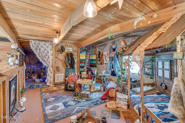 bedroom featuring wood ceiling, beamed ceiling, and visible vents