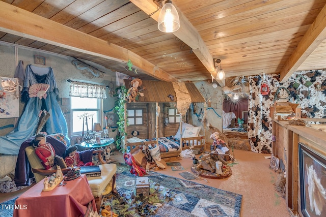 interior space with wooden ceiling and beam ceiling