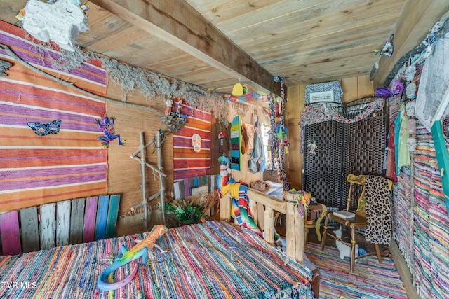 bedroom with wooden ceiling