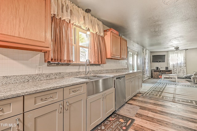 kitchen with open floor plan, light wood-style flooring, a wealth of natural light, and stainless steel dishwasher