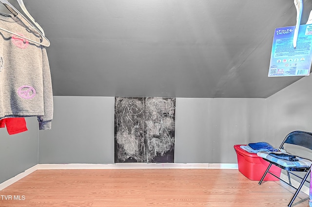 additional living space with baseboards, vaulted ceiling, and wood finished floors