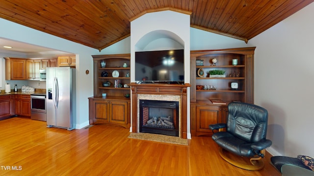 93 Bridgewater Ct Unit 93, Johnson City, TN 37615 - living room with ornamental molding, light wood-style floors, vaulted ceiling, and a high end fireplace