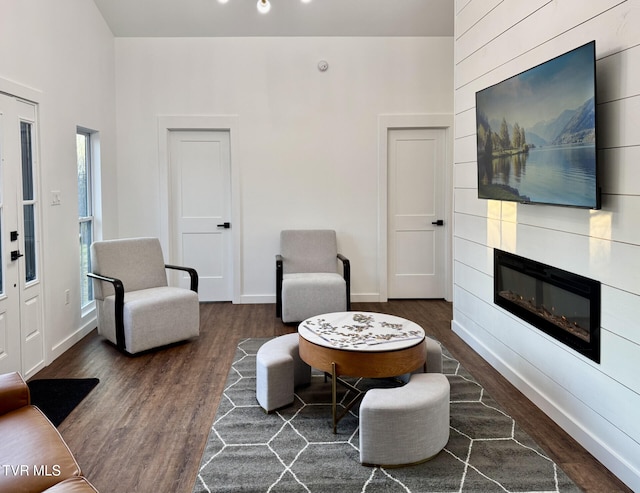 living room featuring baseboards, wood finished floors, and a large fireplace