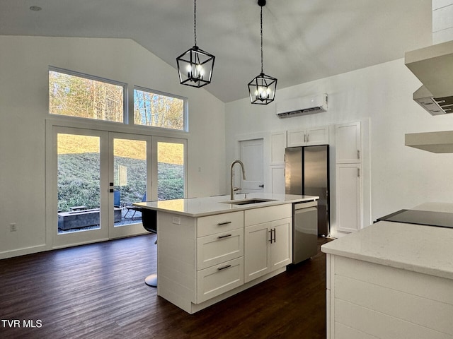 kitchen with a wall unit AC, french doors, a sink, dark wood-style floors, and appliances with stainless steel finishes