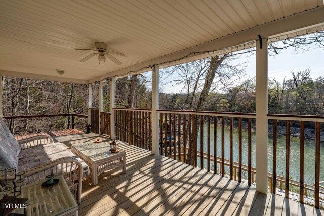 403 Deerlick Rd, Piney Flats, TN 37686 - wooden terrace featuring a water view and a ceiling fan