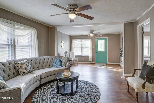 5744 Orebank Rd, Kingsport, TN 37664 - living area with ceiling fan, visible vents, ornamental molding, and wood finished floors