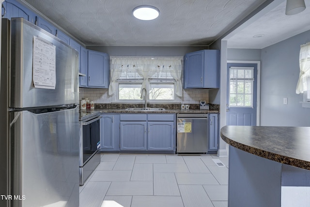 5744 Orebank Rd, Kingsport, TN 37664 - kitchen with blue cabinets, appliances with stainless steel finishes, a sink, dark countertops, and backsplash