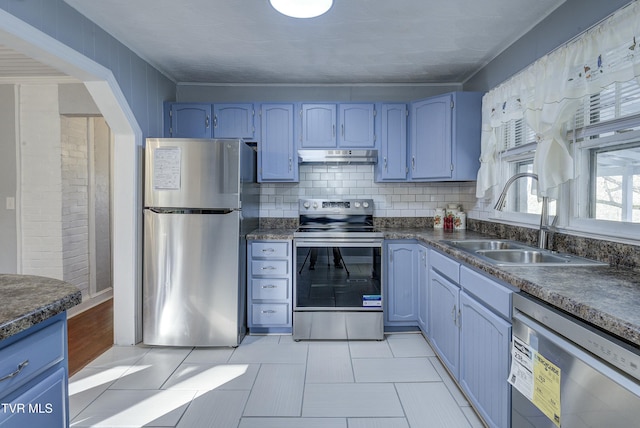 5744 Orebank Rd, Kingsport, TN 37664 - kitchen featuring blue cabinetry, dark countertops, under cabinet range hood, stainless steel appliances, and a sink