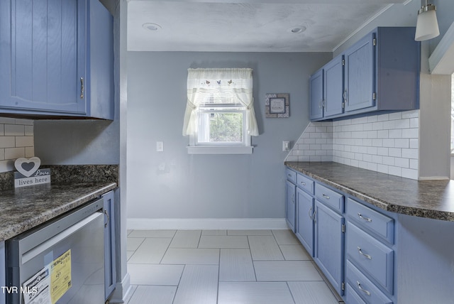 5744 Orebank Rd, Kingsport, TN 37664 - kitchen with tasteful backsplash, baseboards, blue cabinets, and dark countertops