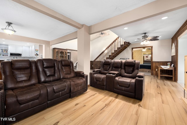 166 Lonesome Dove Ln, Elizabethton, TN 37643 - living area featuring beamed ceiling, light wood-style flooring, a ceiling fan, recessed lighting, and a wainscoted wall