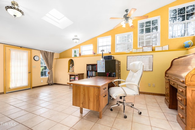 166 Lonesome Dove Ln, Elizabethton, TN 37643 - home office with light tile patterned floors, a ceiling fan, and lofted ceiling with skylight