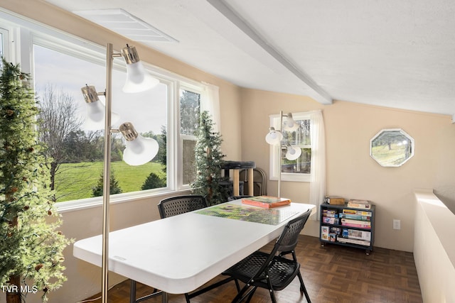 166 Lonesome Dove Ln, Elizabethton, TN 37643 - dining room with visible vents and vaulted ceiling with beams
