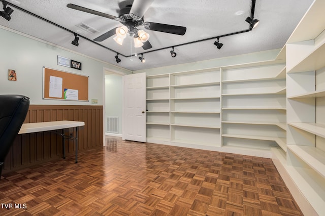 166 Lonesome Dove Ln, Elizabethton, TN 37643 - office area with track lighting, a textured ceiling, a ceiling fan, and visible vents