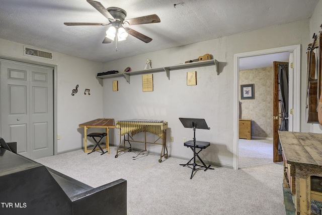 166 Lonesome Dove Ln, Elizabethton, TN 37643 - playroom with visible vents, baseboards, a ceiling fan, carpet, and a textured ceiling