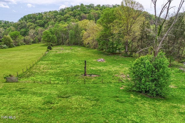 view of yard with a forest view and fence