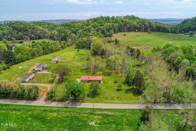 birds eye view of property with a rural view and a forest view