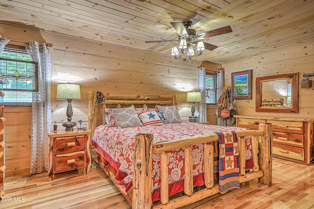 521 Baywood Dr, Piney Flats, TN 37686 - bedroom with wood walls, multiple windows, light wood finished floors, wood ceiling, and ceiling fan
