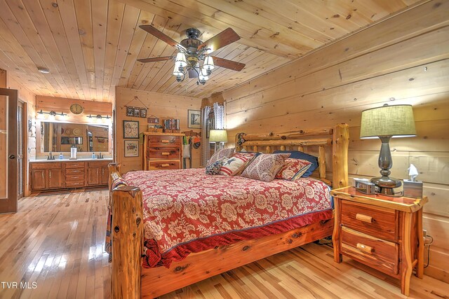 521 Baywood Dr, Piney Flats, TN 37686 - bedroom featuring light wood-style floors, wooden walls, wooden ceiling, and a sink