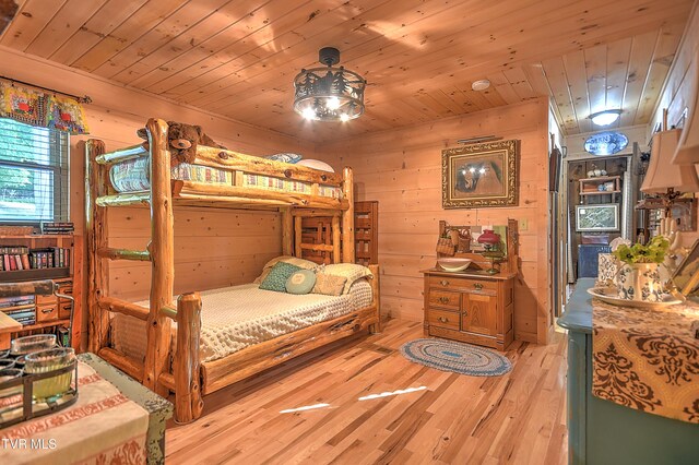 521 Baywood Dr, Piney Flats, TN 37686 - bedroom featuring light wood-style flooring, wooden ceiling, and wood walls