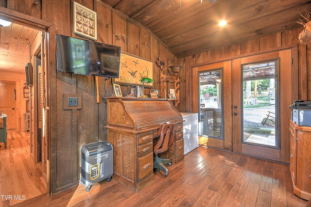 521 Baywood Dr, Piney Flats, TN 37686 - office area with wooden ceiling, wood-type flooring, wood walls, and vaulted ceiling