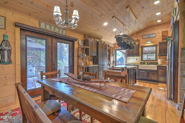 521 Baywood Dr, Piney Flats, TN 37686 - dining area featuring wood ceiling, french doors, a chandelier, light wood-type flooring, and recessed lighting