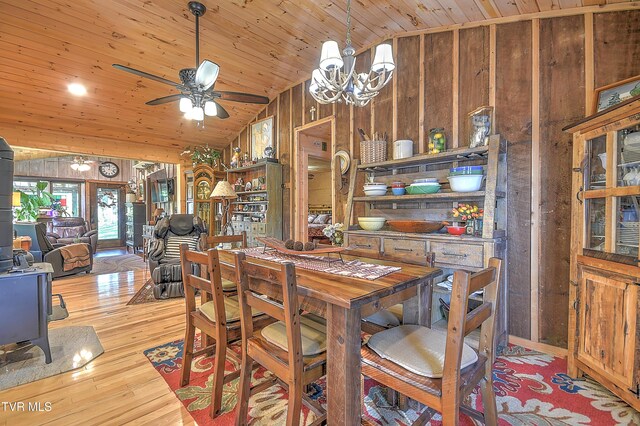 521 Baywood Dr, Piney Flats, TN 37686 - dining room with wooden walls, a ceiling fan, wooden ceiling, light wood finished floors, and high vaulted ceiling
