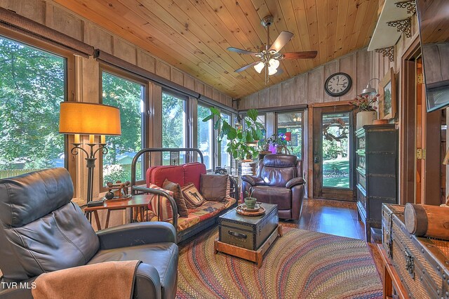 521 Baywood Dr, Piney Flats, TN 37686 - living area featuring lofted ceiling, wooden ceiling, a ceiling fan, healthy amount of natural light, and wood finished floors