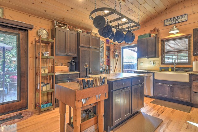 521 Baywood Dr, Piney Flats, TN 37686 - kitchen with wood ceiling, a sink, light wood-style flooring, stainless steel dishwasher, and dark brown cabinetry
