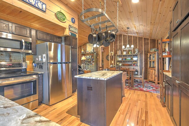 521 Baywood Dr, Piney Flats, TN 37686 - kitchen featuring appliances with stainless steel finishes, light wood-type flooring, lofted ceiling, wooden ceiling, and a kitchen island