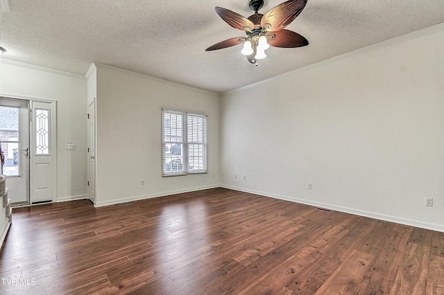 interior space featuring dark wood-type flooring, a ceiling fan, and crown molding