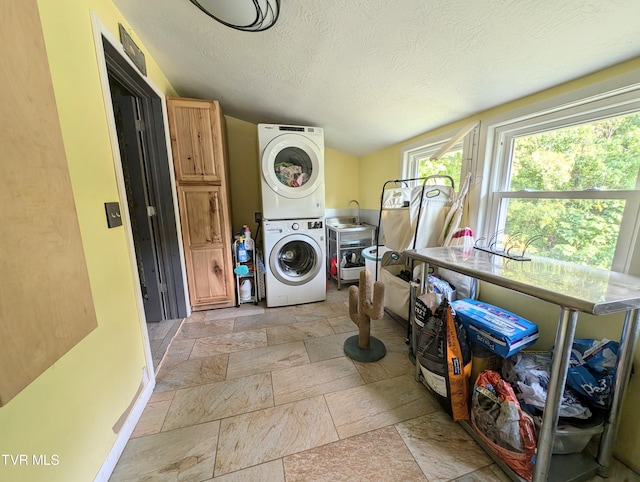 2509 Dc Caney Ridge Rd, Clintwood, VA 24228 - washroom with baseboards, stacked washer and dryer, a textured ceiling, stone tile flooring, and laundry area