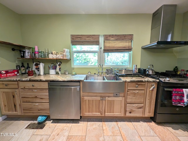 2509 Dc Caney Ridge Rd, Clintwood, VA 24228 - kitchen with wall chimney exhaust hood, light brown cabinetry, stone countertops, a sink, and stainless steel appliances
