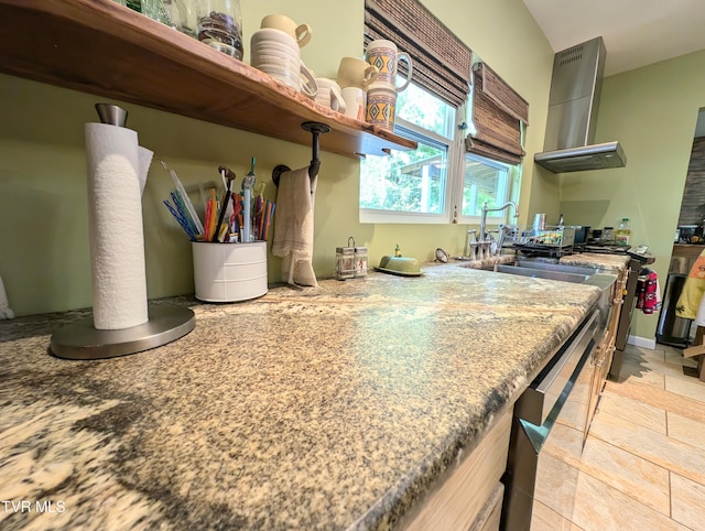 2509 Dc Caney Ridge Rd, Clintwood, VA 24228 - kitchen with stainless steel range with gas stovetop, open shelves, wall chimney exhaust hood, a sink, and lofted ceiling