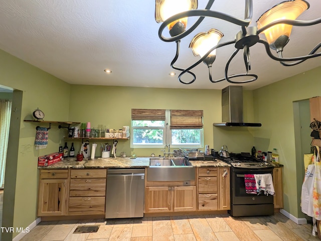 2509 Dc Caney Ridge Rd, Clintwood, VA 24228 - kitchen featuring wall chimney range hood, a chandelier, light stone countertops, appliances with stainless steel finishes, and a sink