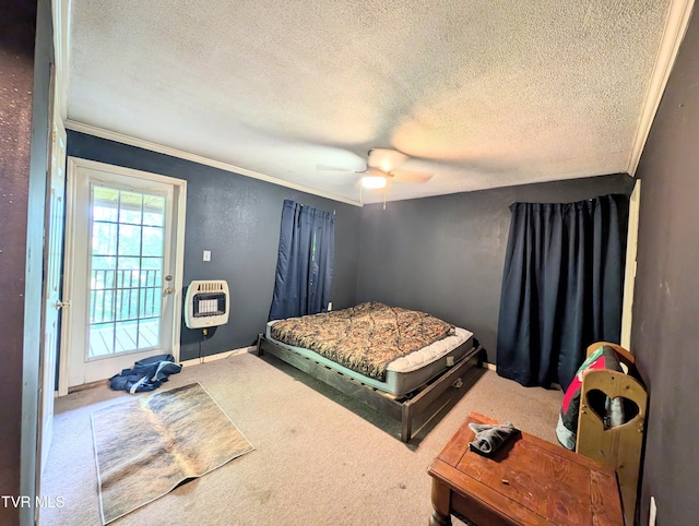 2509 Dc Caney Ridge Rd, Clintwood, VA 24228 - carpeted bedroom featuring ornamental molding, heating unit, and a textured ceiling