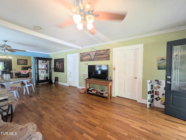 2509 Dc Caney Ridge Rd, Clintwood, VA 24228 - living room featuring visible vents, baseboards, ceiling fan, crown molding, and wood finished floors