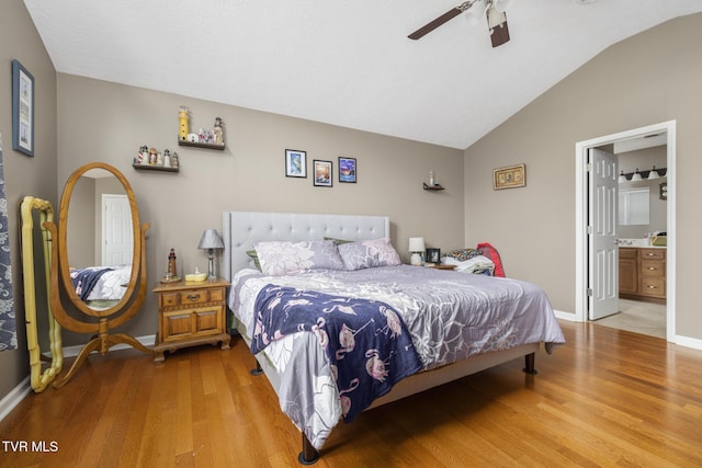 253 Crockett Dr Unit 253, Church Hill, TN 37642 - bedroom with ensuite bathroom, baseboards, ceiling fan, wood finished floors, and lofted ceiling