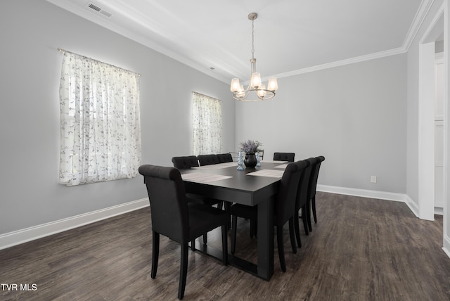 1177 Lemongrass Dr, Jonesborough, TN 37659 - dining space featuring visible vents, baseboards, ornamental molding, a chandelier, and dark wood-style floors