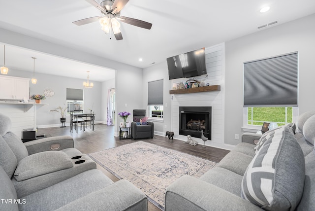 1177 Lemongrass Dr, Jonesborough, TN 37659 - living room featuring a fireplace, visible vents, recessed lighting, wood finished floors, and baseboards